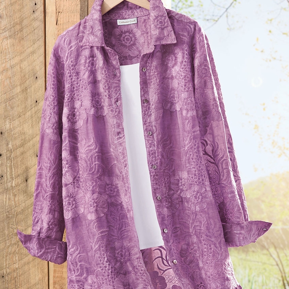 Coldwater Creek Lavender Unconventional Lace Impressions Vintage-Wash Tunic Boho